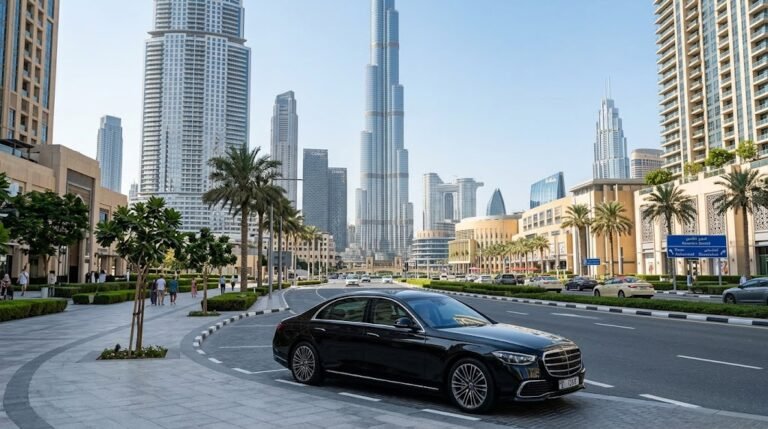Dubai city tour itinerary featuring the Burj Khalifa and a luxury sedan