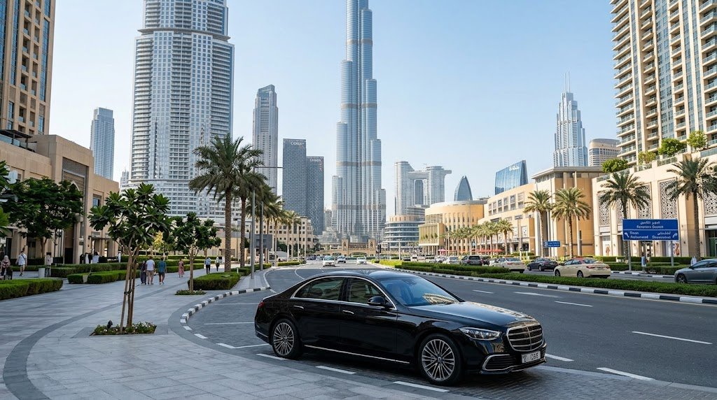 Dubai city tour itinerary featuring the Burj Khalifa and a luxury sedan