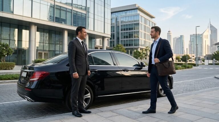chauffeur for business meetings in Dubai waiting outside the Dubai office building