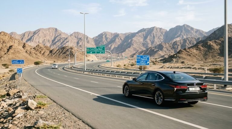 Dubai to Fujairah by car along a UAE highway with the Hajar Mountains in the distance