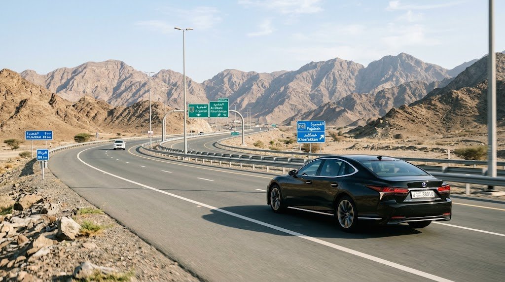 Dubai to Fujairah by car along a UAE highway with the Hajar Mountains in the distance